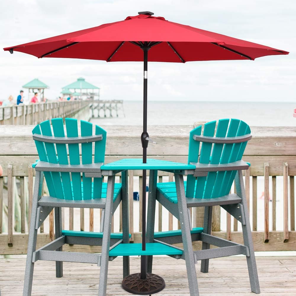 Patio Umbrella 9FT Round Outdoor Market Table Umbrella Waterproof Folding Sunshade Umbrella with Solar LED Light for Outdoor Beach Deck Garden Party Decoration (Without Unbrella Base, Wine Red)