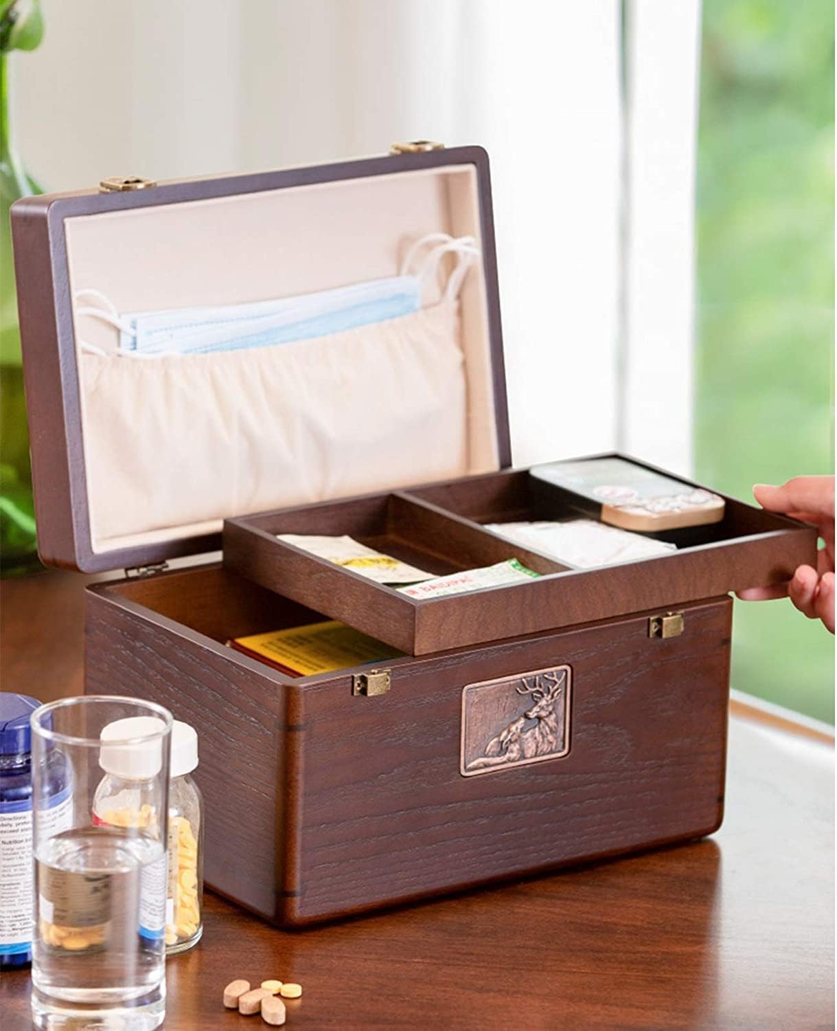 Medicine Storage Box Organizer Jewelry Travel Pill Case Family First Aid Portable Chest Wood Containers with Tray Cabinets Multi-use 26X17.8X16.3CM