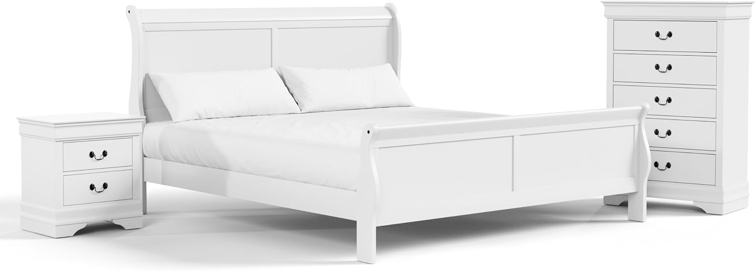 Furniture of America Arabella Traditional Solid Wood 3 Piece Bedroom Set, King Bed Frame, Nightstand, and Chest, Chic Sleigh Design Bedframe with Headboard and Footboard, Box Spring Needed, White
