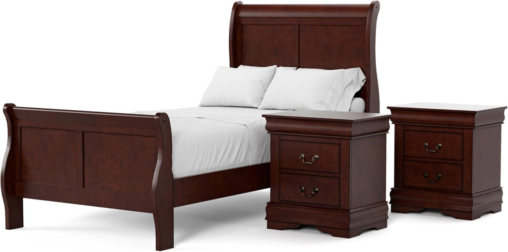 Furniture of America Louis Phillipe Traditional Solid Wood 3 Piece Bedroom Set, Twin Bed Frame and Nightstands Set of 2, Chic Sleigh Bedframe with Headboard and Footboard, Box Spring Needed, Cherry