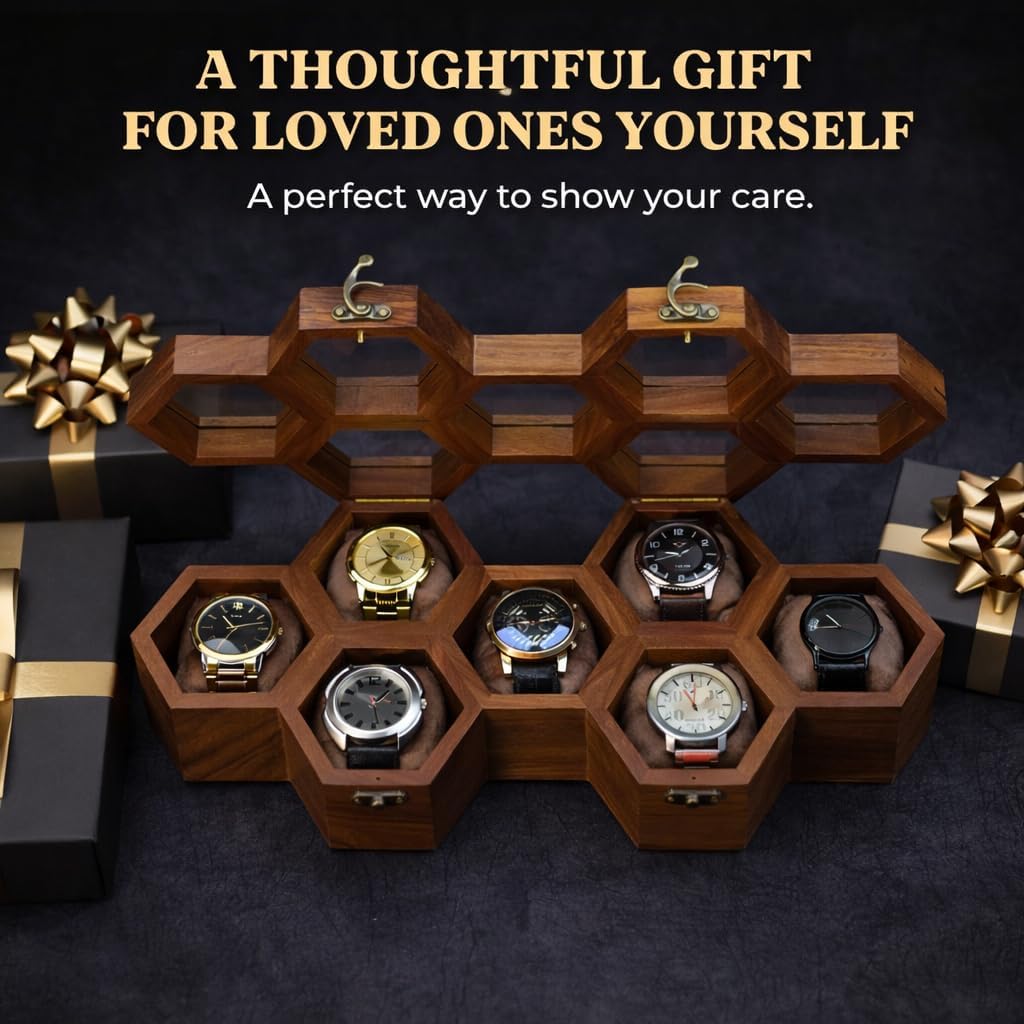 Royal Craft Expertise Handcrafted 7 Slot Wooden Watch Box for Men – Vintage Honeycomb Display Case in Indian Rosewood | Includes Velvet Pillows – Luxury Gift for Him – Built to Last