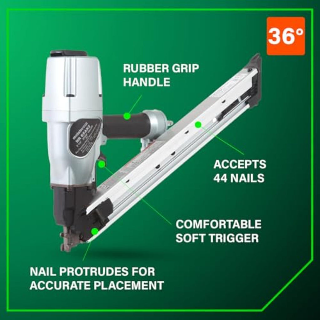 Metabo HPT Strap-Tite Strip Nailer, Pro-Preferred Pneumatic Power Nailers for Metal Connectors, Lightweight 6.4 lbs Fastening Tool, 36° Precision Fastening System, 1-1/2″ to 2-1/2″ Fasteners, NR65AK2