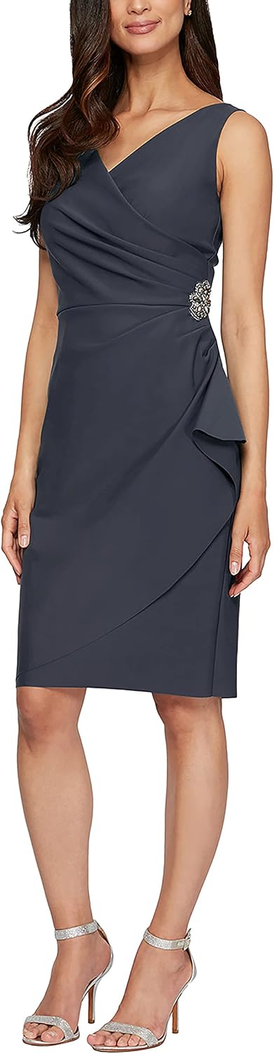 Alex Evenings Women's Slimming Short Ruched Dress with Ruffle (Petite and Regular)