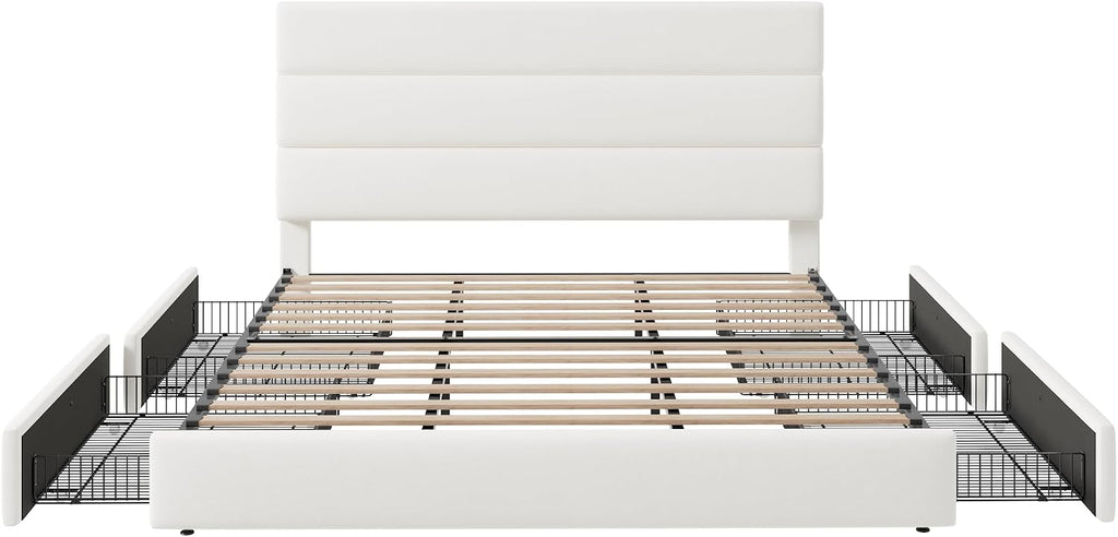 Allewie Modern King Size Platform Bed Frame with 4 Storage Drawers and Velvet Upholstered Headboard, Wooden Slats Support, Upholstered Mattress Foundation/No Box Spring Needed/Easy Assembly, White