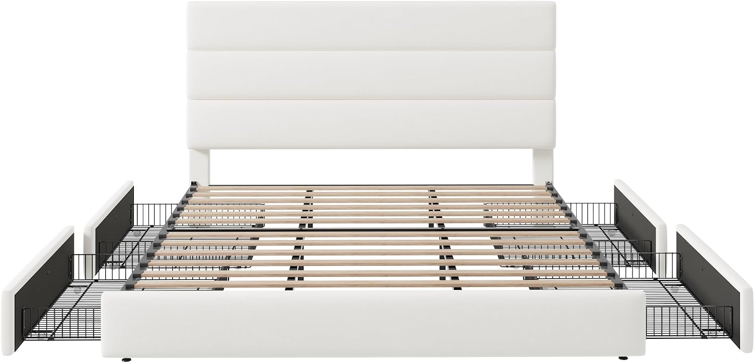 Allewie Modern King Size Platform Bed Frame with 4 Storage Drawers and Velvet Upholstered Headboard, Wooden Slats Support, Upholstered Mattress Foundation/No Box Spring Needed/Easy Assembly, White
