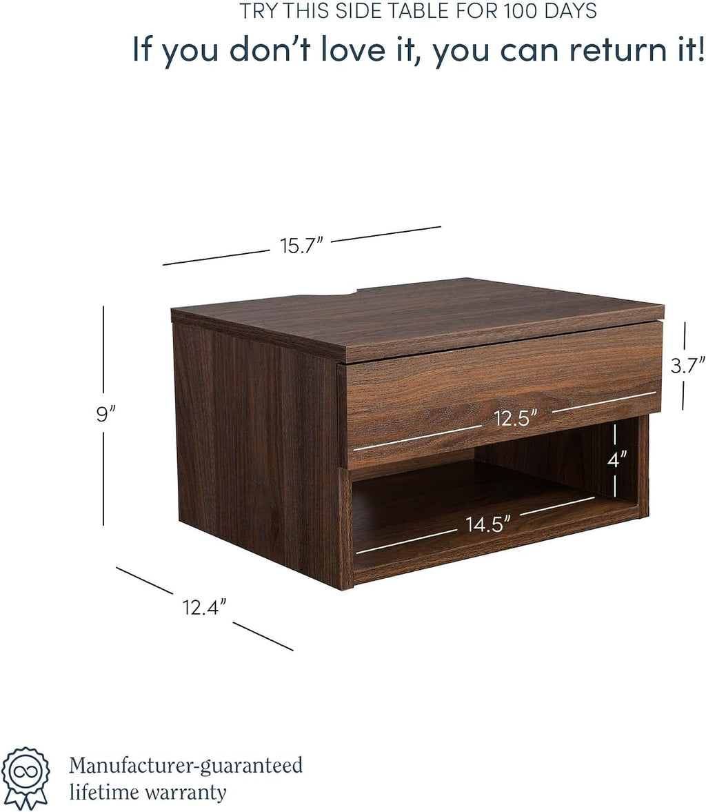 Nathan James Jackson Wall Mounted Floating Bedroom Nightstand with Storage Drawer and Modern Open Shelf Cubby Set of 2, Dark Brown Walnut