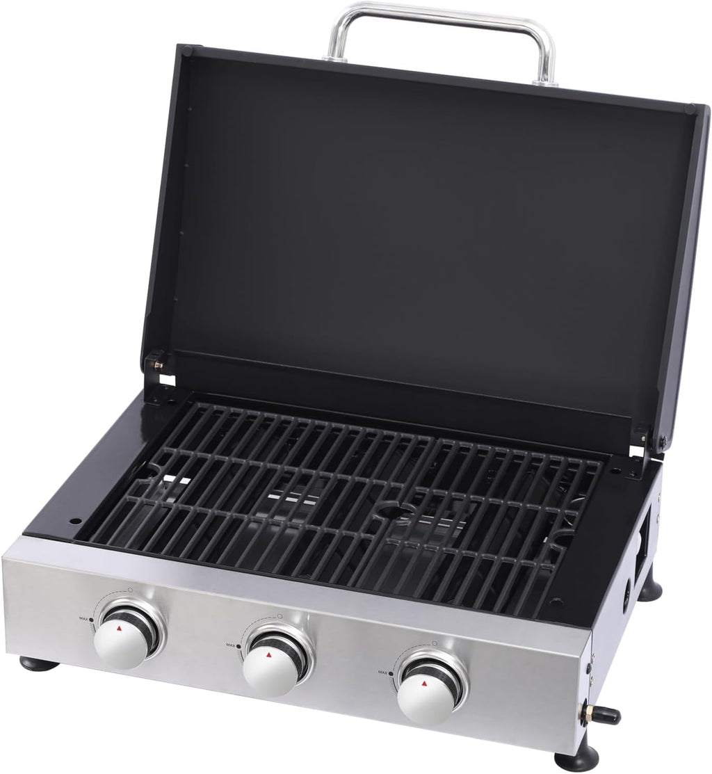 3-Burner Propane Gas Grill & Griddle Combo - 28680 BTU Tabletop Teppanyaki Grill with Cast Iron Surface & Enameled Body Portable Outdoor Cookstation for Camping Tailgating Barbecue