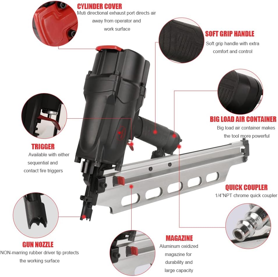 AEROPRO TOOLS Pneumatic Framing Nailer RHF9021, 21 Degree plastic collated nails from 2-Inch to 3-1/2-Inch With Toolless Depth Adjust,No Mar Tip and Rafter Hook