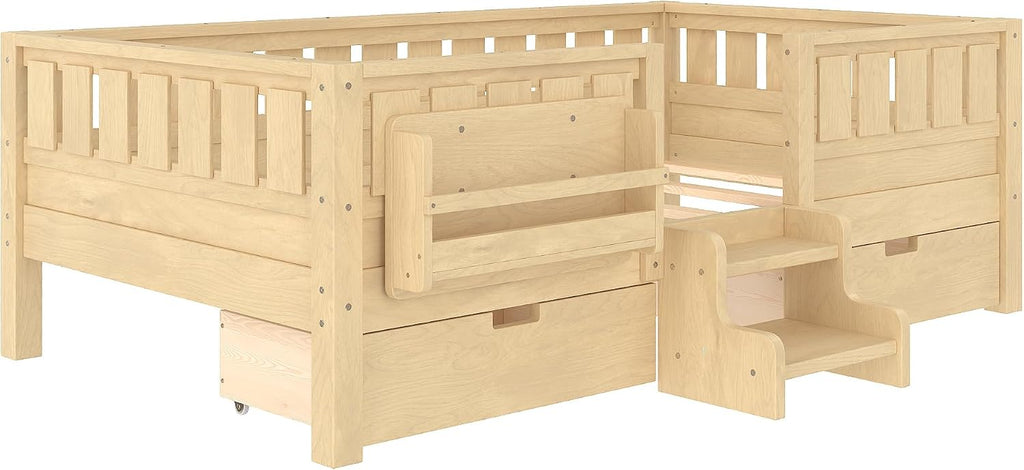 Bellemave Twin Floor Bed with Stairs, Rails and Slats, Twin Size Montessori Floor Bed with Bookshelf and 2 Storage Drawers, Easy Assemble Montessori Beds Frame for Girls, Boys, Light Natural