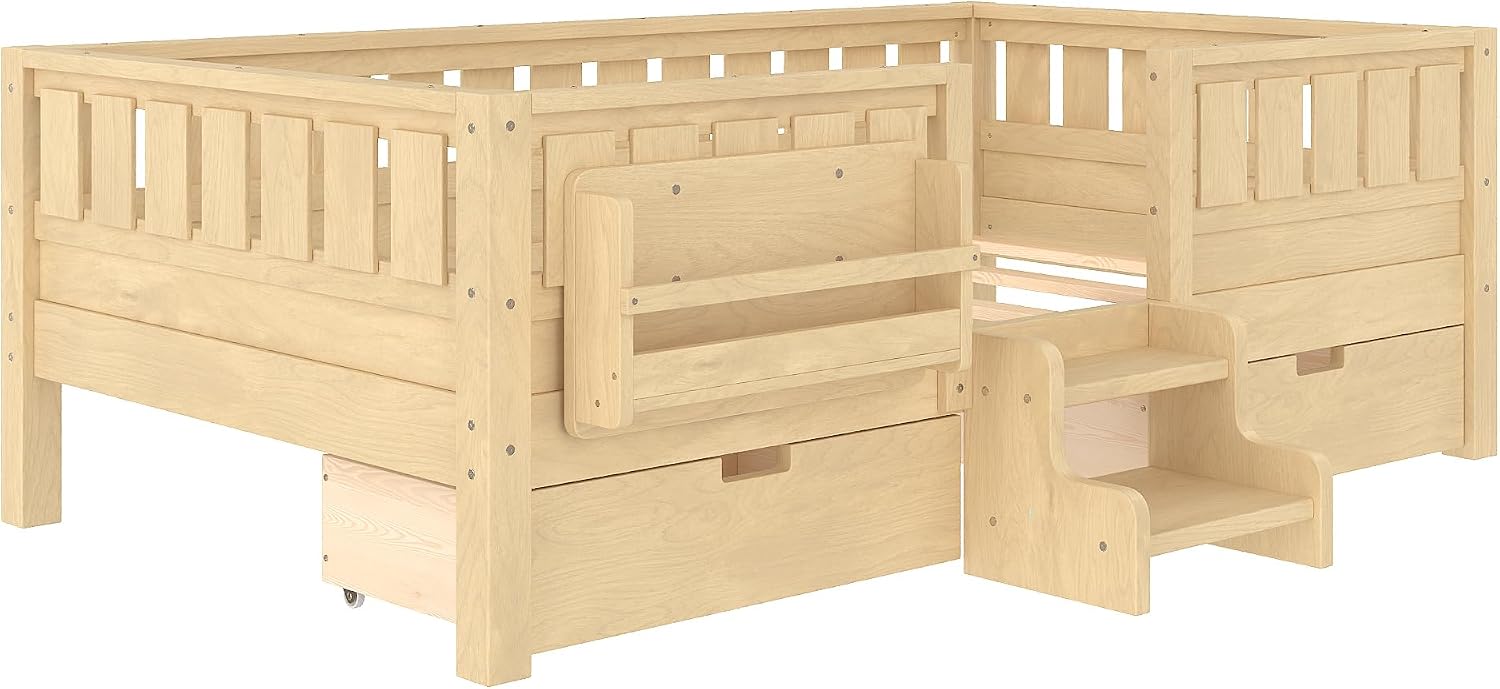 Bellemave Twin Floor Bed with Stairs, Rails and Slats, Twin Size Montessori Floor Bed with Bookshelf and 2 Storage Drawers, Easy Assemble Montessori Beds Frame for Girls, Boys, Light Natural