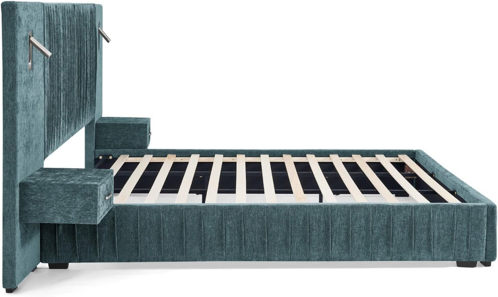 KEIKI King Size Chenille Bed Frame with 2 Nightstands, Lamps & Oversize Headboard, Solid Wood Frame Platform Night Stand Bedroom Set, Upholstered Floor Grounded Bed, No Box Spring Needed, Blue Green