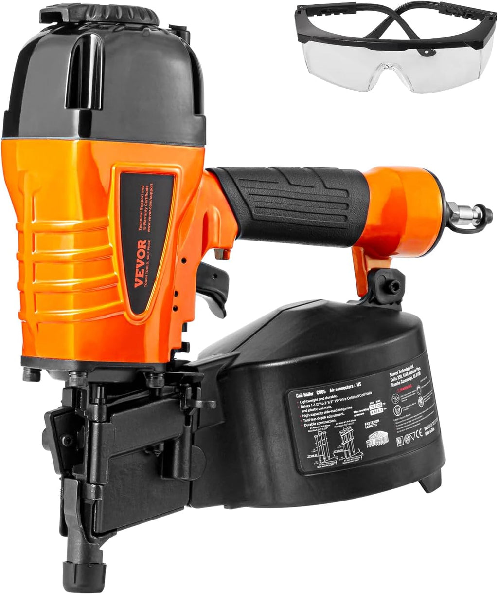 VEVOR Coil Siding Nailer CN65, 1-1/4' to 2-1/2' 15 Degree Pneumatic Siding Nail Gun with Tool-Less Depth Adjustment, 70-120PSI Air Coil Nailer for Siding, Pallet Sheathing, Wooding, Fencing, Decking