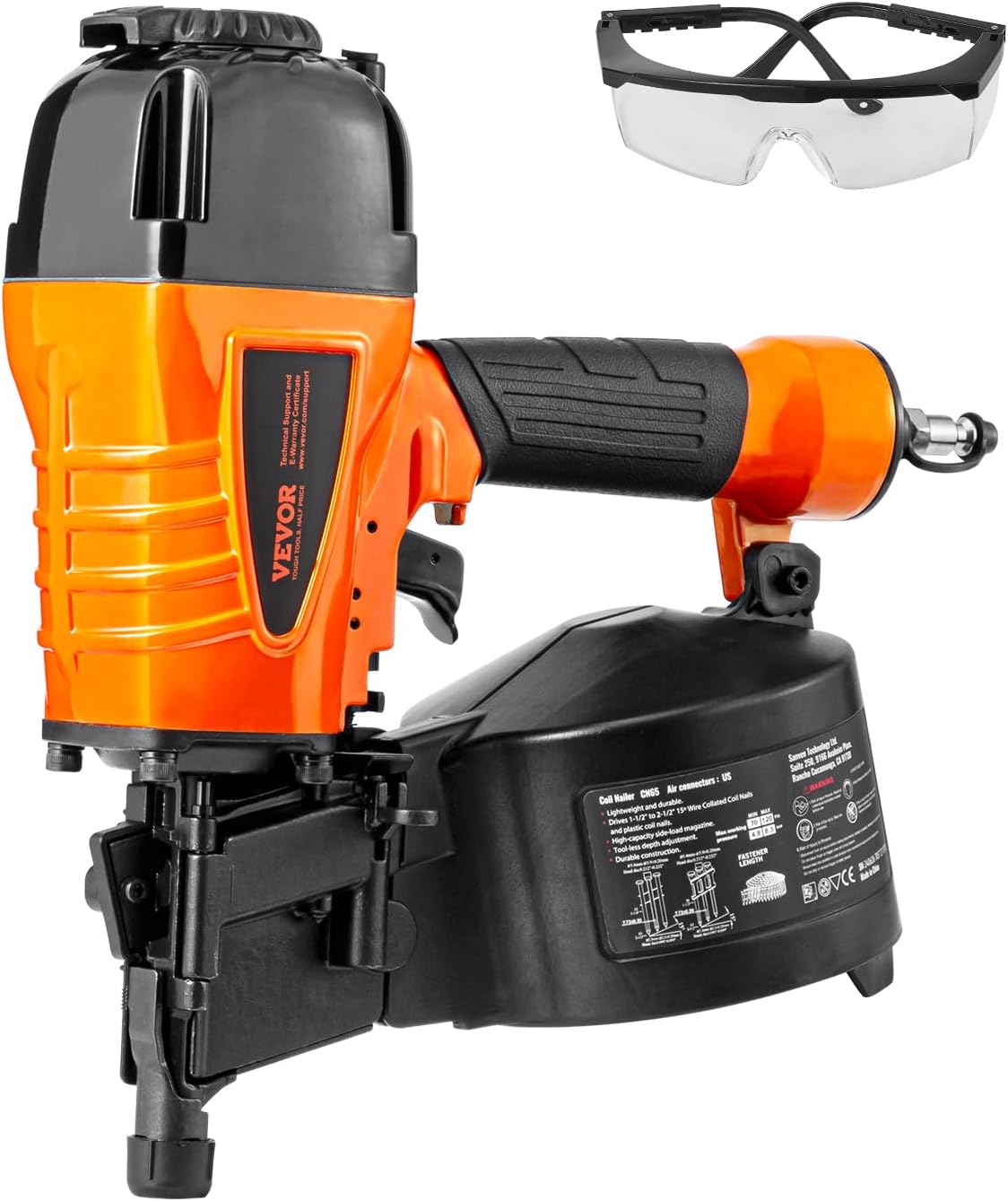 VEVOR Coil Siding Nailer CN65, 1-1/4' to 2-1/2' 15 Degree Pneumatic Siding Nail Gun with Tool-Less Depth Adjustment, 70-120PSI Air Coil Nailer for Siding, Pallet Sheathing, Wooding, Fencing, Decking