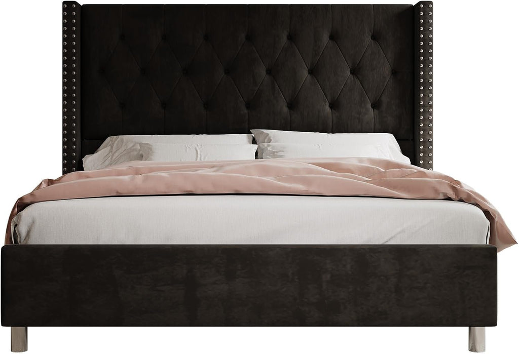 Jocisland Queen Bed Frame Upholstered Bed Wingback Headboard Velvet Tufted Diamond Button/No Box Spring Needed/Easy Assembly/Black