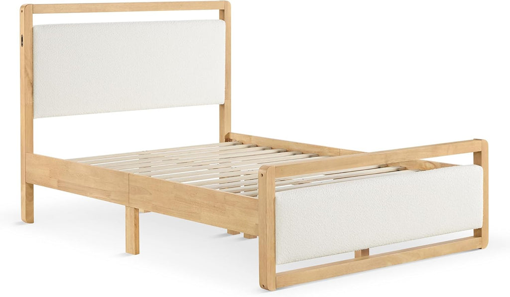 KISLOT 3 Pieces Bedroom Set, Wood Bed Frame with Upholstered Headboard & 2 Nightstands with Storage, Wooden Platform Mattress Foundation Farmhouse Bedroom Furniture Set