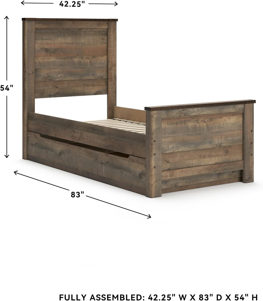 Signature Design by Ashley Trinell Casual Twin Panel Platform Bed with 1 Large Storage Drawer and Nailheads, Foundation or Box Spring Not Needed, Dark Brown