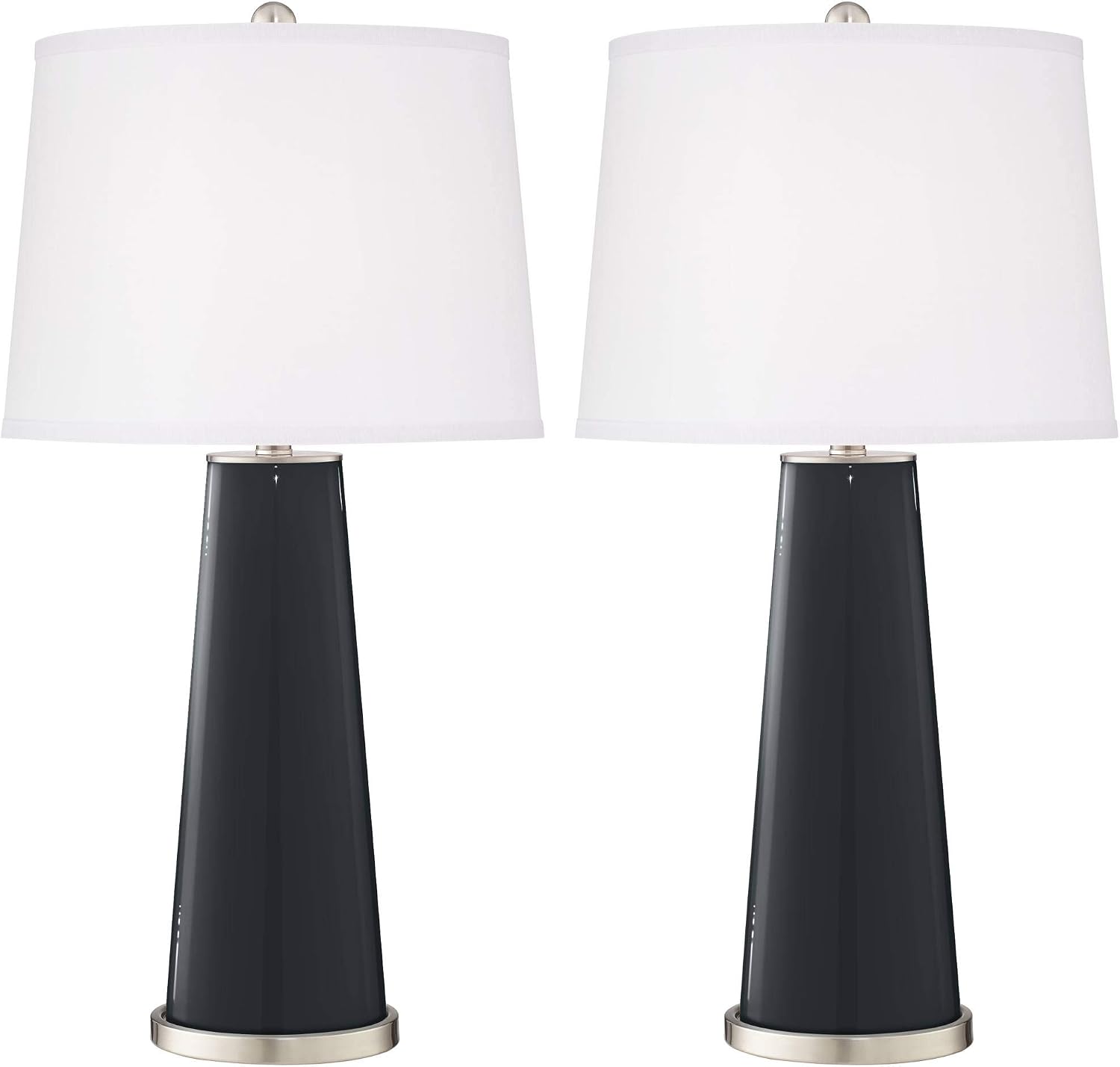 Color + Plus Leo Modern Table Lamps 29 1/2' Tall Set of 2 Black of Night Glass Tapered Column Plain White Drum Shade Decor for Bedroom Living Room House Home Bedside Nightstand Office Family