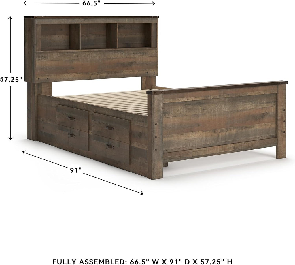 Signature Design by Ashley Trinell Casual Full Bookcase Platform Bed with 2 Storage Drawers and Nailheads, Foundation or Box Spring Not Needed, Dark Brown