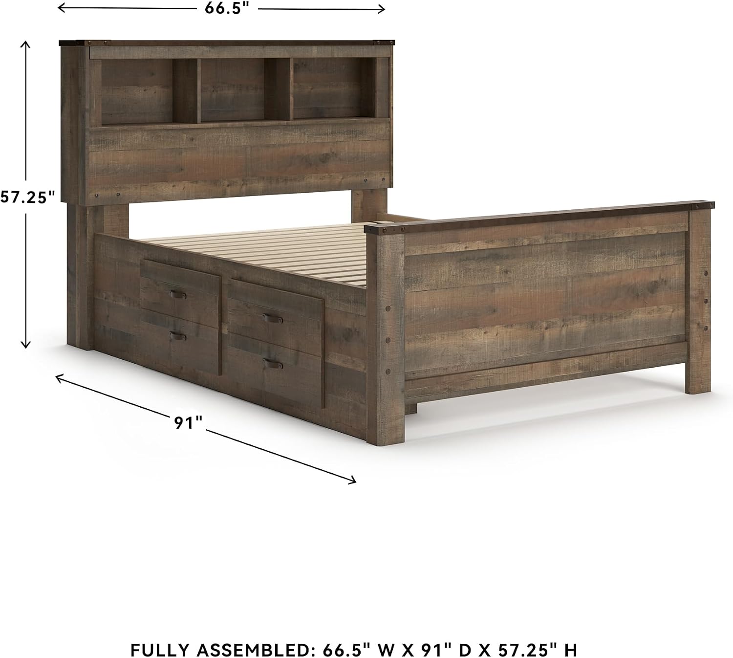 Signature Design by Ashley Trinell Casual Full Bookcase Platform Bed with 2 Storage Drawers and Nailheads, Foundation or Box Spring Not Needed, Dark Brown
