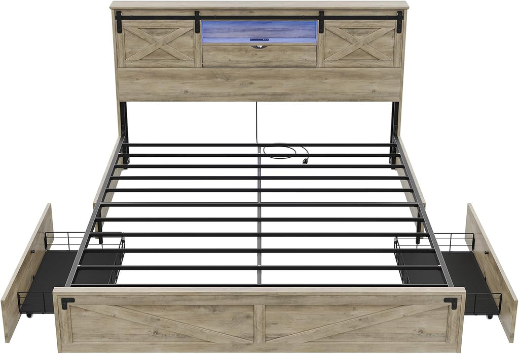 Hasuit Farmhouse Bed Frame California King Size with Storage Bookcase Headboard, Wooden Cal King Bed with LED Lights, Charging Station, 2 Drawers, Country Rustic Bed Frame with Sliding Barn Door