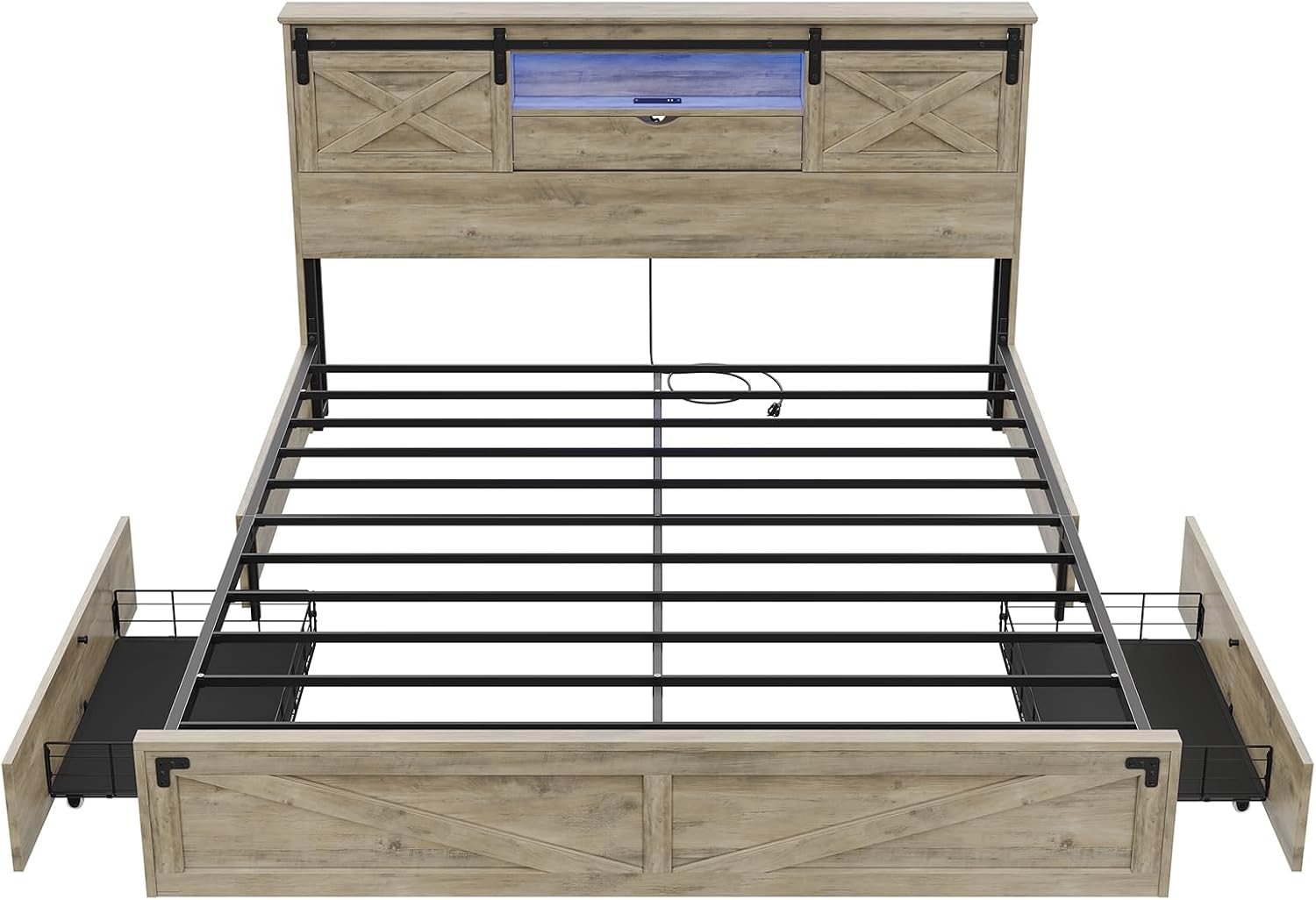 Hasuit Farmhouse Bed Frame California King Size with Storage Bookcase Headboard, Wooden Cal King Bed with LED Lights, Charging Station, 2 Drawers, Country Rustic Bed Frame with Sliding Barn Door