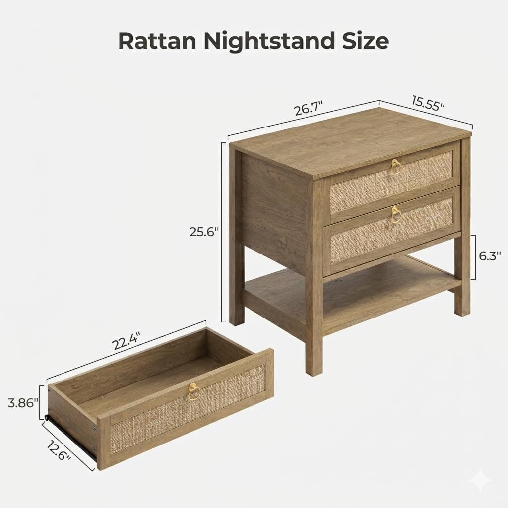 SICOTAS Night Stands Set of 2 for Bedroom, Large Bedside Tables with Drawer & Open Shelf, Wide Boho Rattan Nightstand Set Narrow Side Table for Master Bedroom