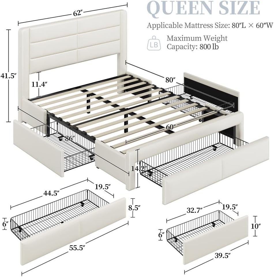 Yaheetech Queen Size Bed Frame with 2 USB Charging Station/Port for Type A&Type C/3 Storage Drawers, Leather Upholstered Platform Bed with Headboard/Solid Wood Slat Support/No Box Spring Needed/Beige