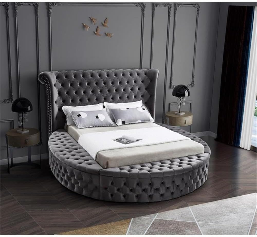 Meridian Furniture Luxus Collection Modern Contemporary Round Shaped Velvet Upholstered Bed with Deep Button Tufting and Footboard Storage, King, Grey