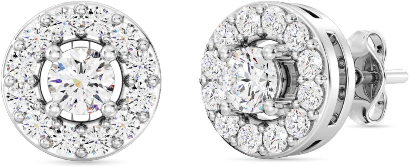 Gilded Lab-Grown Diamond Stud Earrings Sterling Silver and 14KT Yellow Gold Plated Silver | Round Halo Shaped Studs | Hypoallergenic Fine Jewelry | Prong Setting, Push Back Nut | SI1 Clarity, F Color 1/4, 1/2, 3/4, 1 ct tw