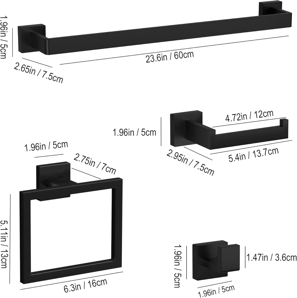15-Piece Matte Black Bathroom Accessories Set – 23.6' Towel Bar, Towel Ring, Toilet Paper Holder & Hooks, Wall Mounted Bathroom Hardware, Rust & Corrosion-Resistant, Ideal for Modern Bathrooms