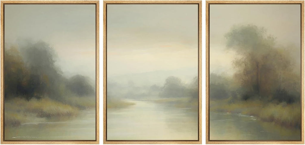 SIGNWIN Framed Wall Art Print Set Misty River Landscape Soft Neutral Nature Scene Photography Modern Art Closeup Relax/Calm Dark for Living Room, Bedroom, Office - 24'x36'x3 Natural