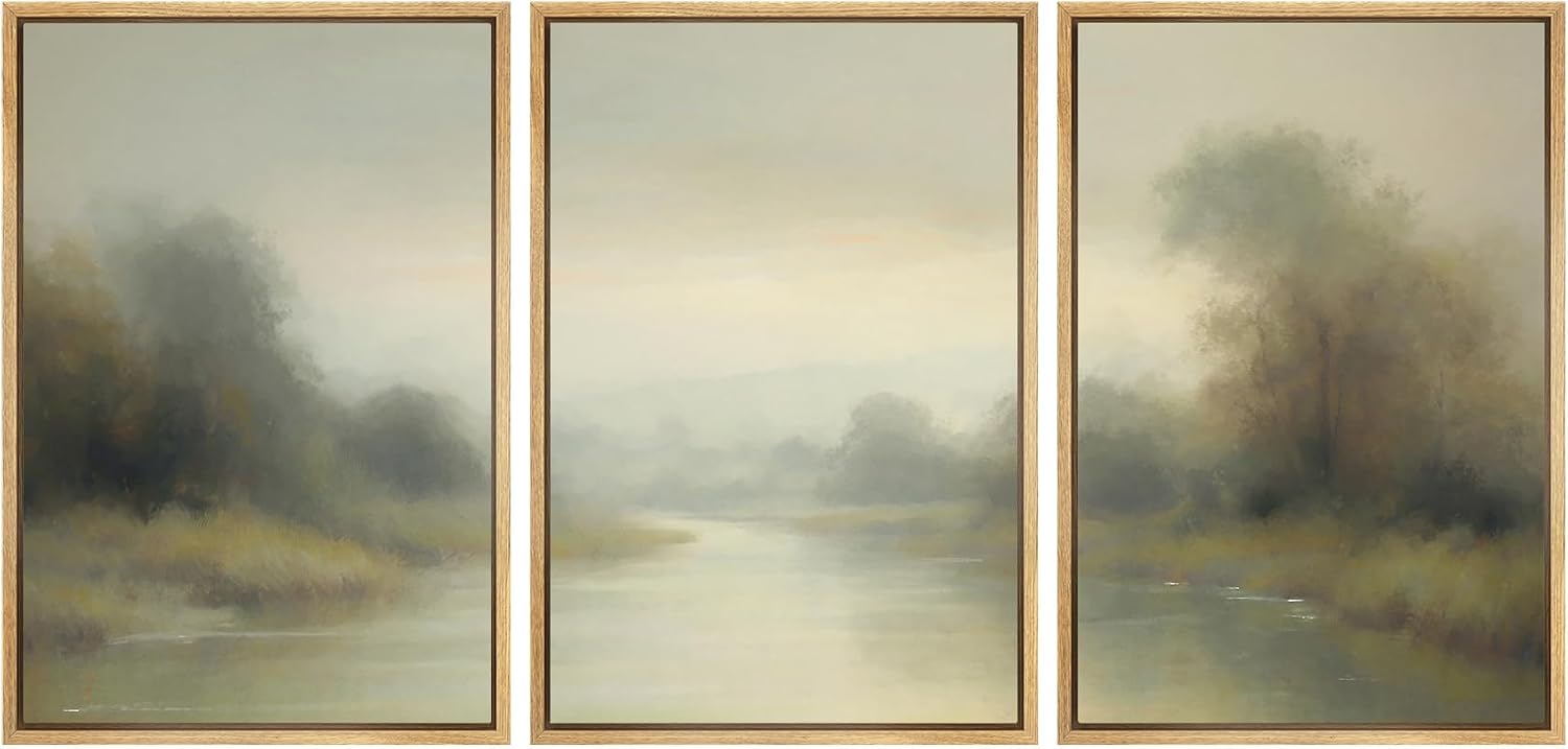SIGNWIN Framed Wall Art Print Set Misty River Landscape Soft Neutral Nature Scene Photography Modern Art Closeup Relax/Calm Dark for Living Room, Bedroom, Office - 24'x36'x3 Natural