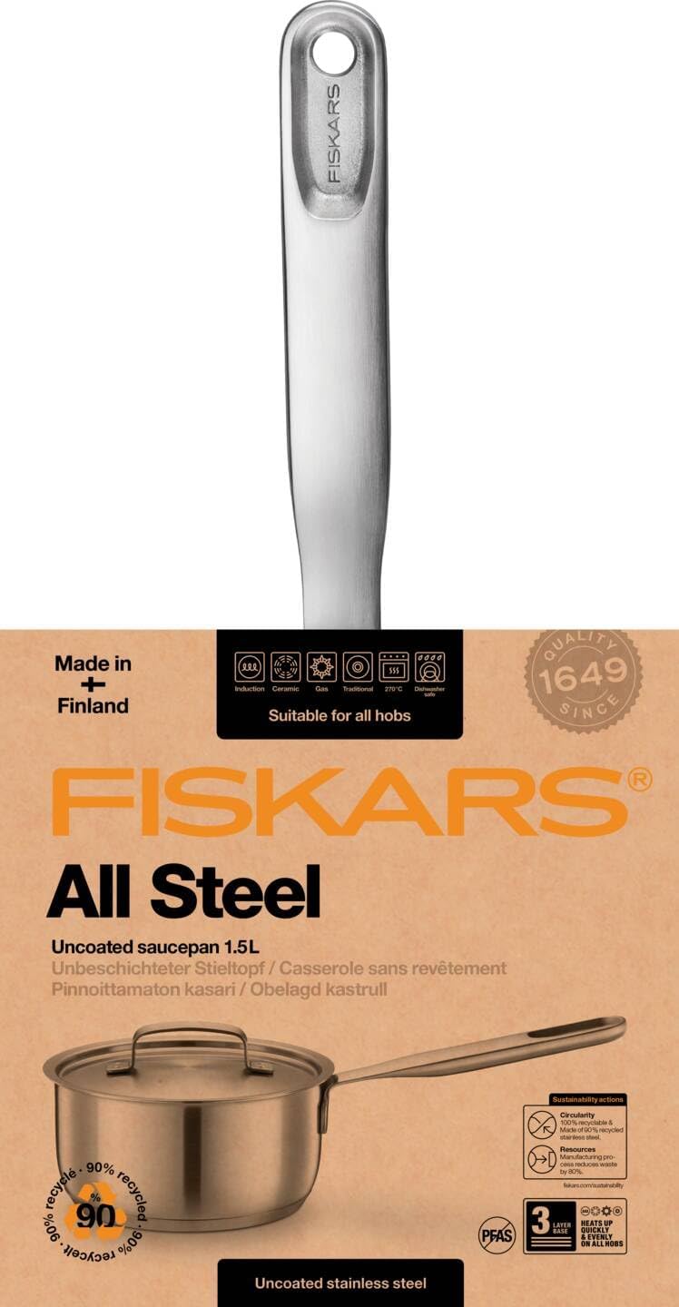Fiskars 1064750 Saucepan with Handle, 1.5 L, Uncoated Saucepan, Suitable for All Cookers, Recycled Stainless Steel, Silver, 1064750