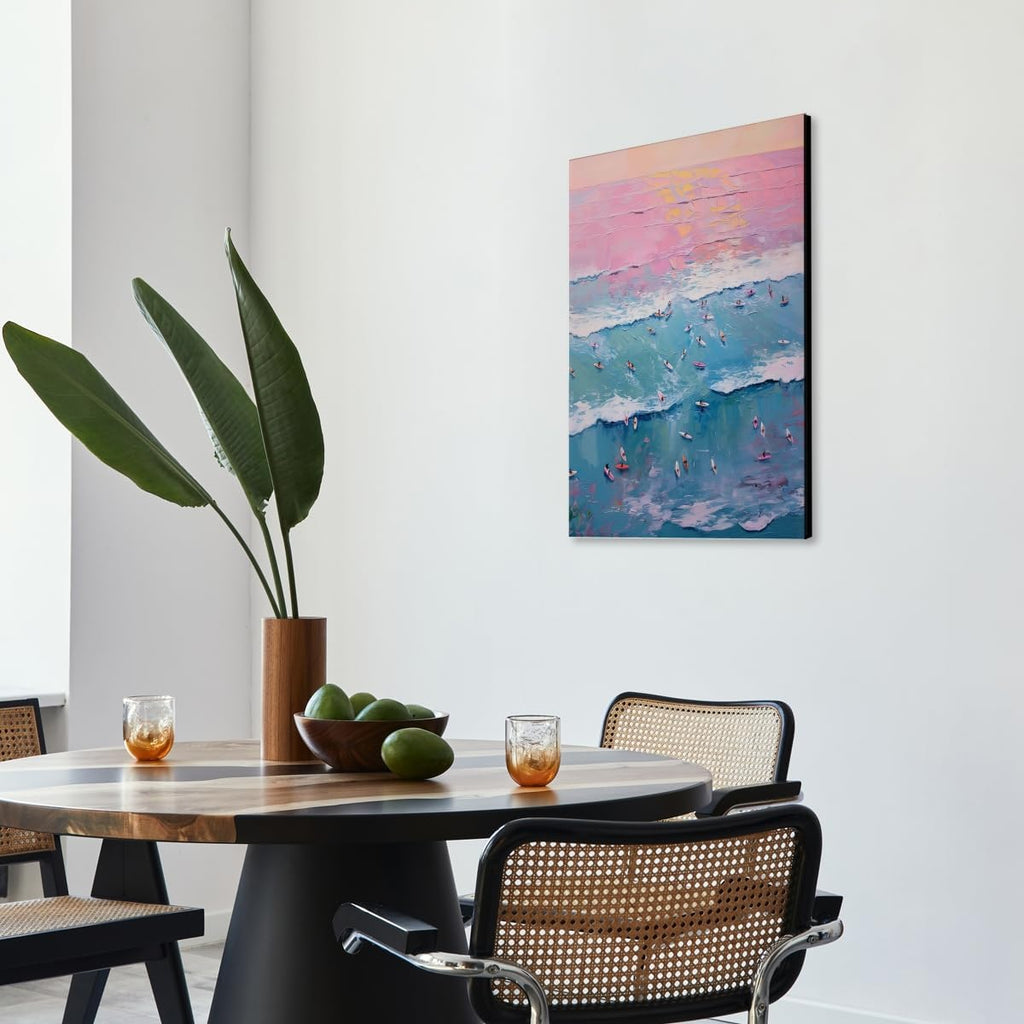 Vintage Surf Painting Tiny People Surfing Poster Abstract Ocean Wave Wall Art Pink and Blue Coastal Canvas Print Trendy Preppy Aesthetic Room Cubicle Beach House Home Decor 24x36inch frame