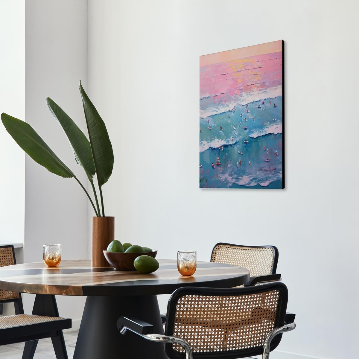 Vintage Surf Painting Tiny People Surfing Poster Abstract Ocean Wave Wall Art Pink and Blue Coastal Canvas Print Trendy Preppy Aesthetic Room Cubicle Beach House Home Decor 24x36inch frame