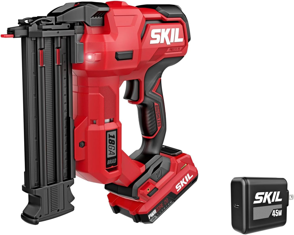 SKIL PWR CORE 20 Brushless 20V 18Ga Brad Nailer Kit including 2.0Ah USB-C Battery and Charger-NA1800B-10