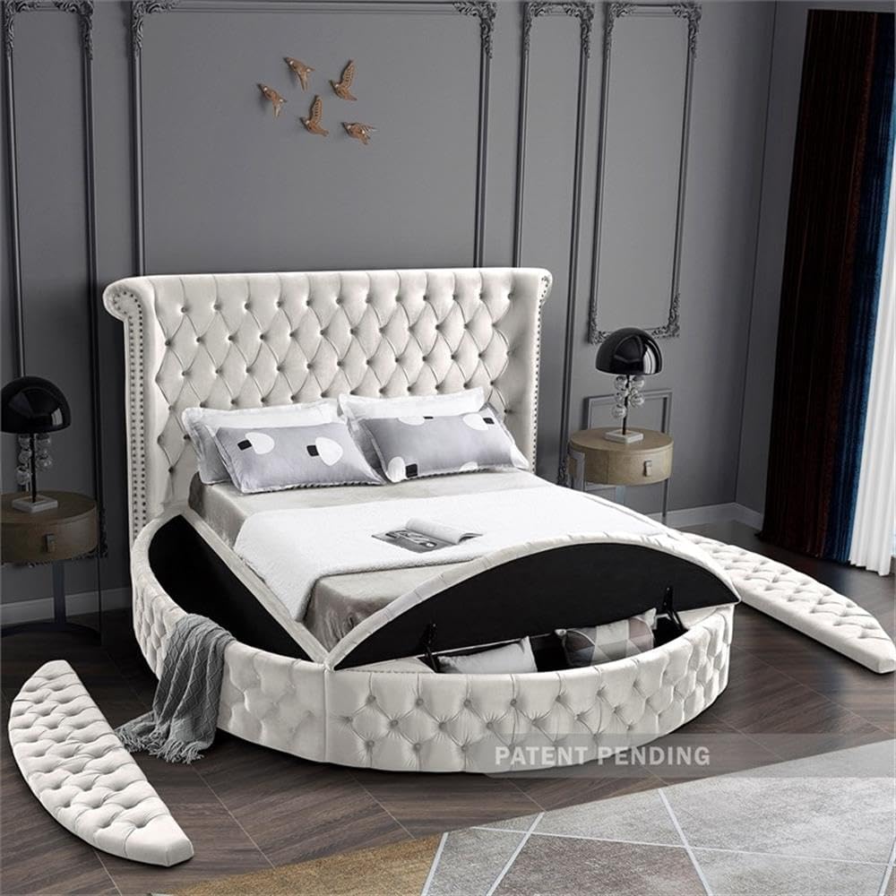 Meridian Furniture Luxus Collection Modern | Contemporary Round Shaped Velvet Upholstered Bed with Deep Button Tufting and Footboard Storage, King, Cream