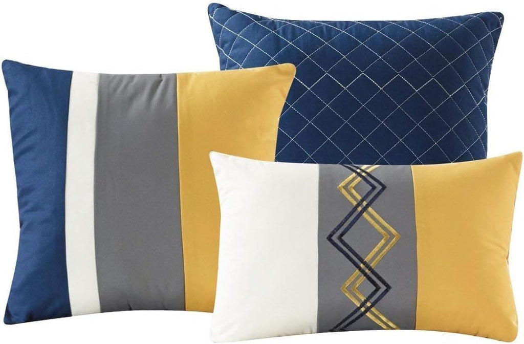 Chezmoi Collection Arden 7-Piece Modern Pleated Stripe Embroidered Zigzag Bedding Comforter Set (Oversized King, Navy/Gray/Yellow/White)
