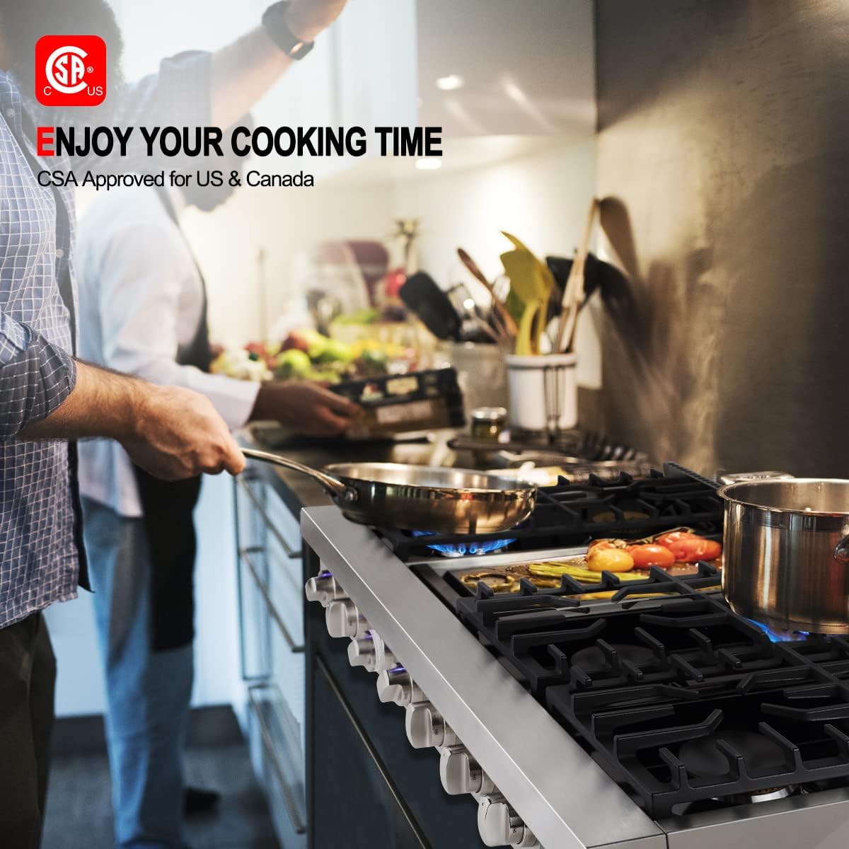GASLAND 48 Inch Gas Cooktop, Professional Natural Gas Cooktop Slide-in Pro RT4806 with Indicator Light 6 Deep Recessed Sealed burners & Griddle, Cast Iron Grates, Re-ignition 120V Plug-in