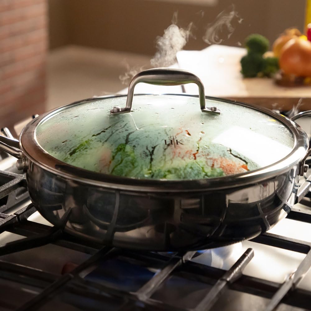 Hell's Kitchen Hybrid 4 Qt Sauté Pan and lid, Tri-Clad Stainless Steel and Nonstick Ceramic, PFAS Free, no PFOA, no PTFE, no Teflon, Non Toxic Cookware, Metal Utensil Safe, All Cooktops and Oven Safe