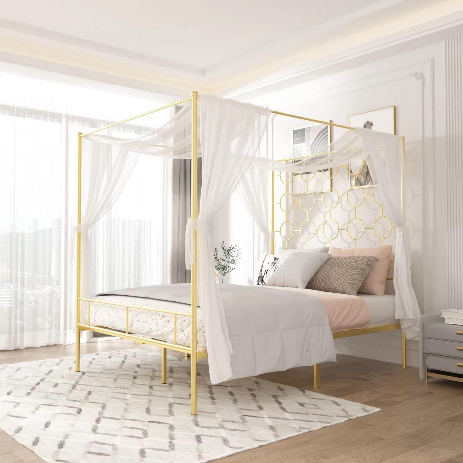 Gold Metal Canopy Bed Frame Queen/Mattress Foundation with Steel Slat Support/No Box Spring Needed/Easy Assembly (Gold, Queen)