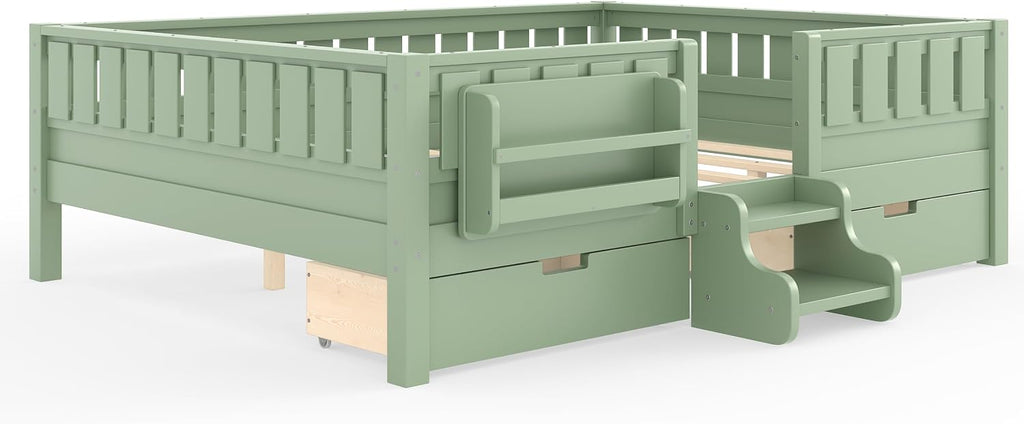 Bellemave Queen Size Montessori Bed with Stairs, Rails and Slats, Queen Size Montessori Floor Bed with Bookshelf and 2 Storage Drawers, Easy Assemble Beds Frame for Girls, Boys, Avocado Green