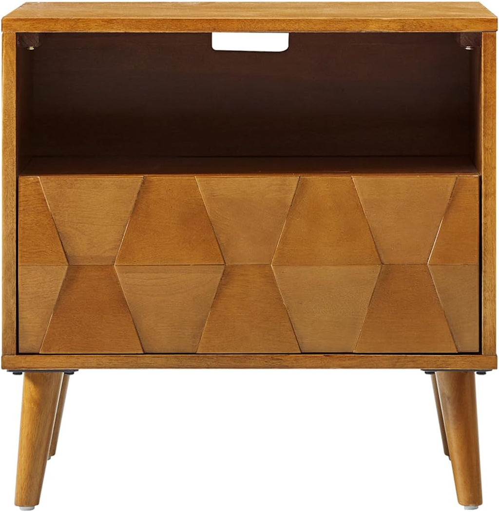 HULALA HOME Wood Nightstand with 1 Drawer & Open Shelf, Mid Century Modern Nightstand with Charging Station, Geometric Pattern Bedside Table for Bedroom, Acorn