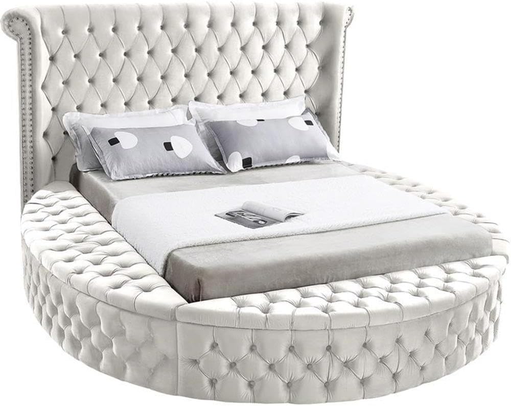Meridian Furniture Luxus Collection Modern | Contemporary Round Shaped Velvet Upholstered Bed with Deep Button Tufting and Footboard Storage, King, Cream