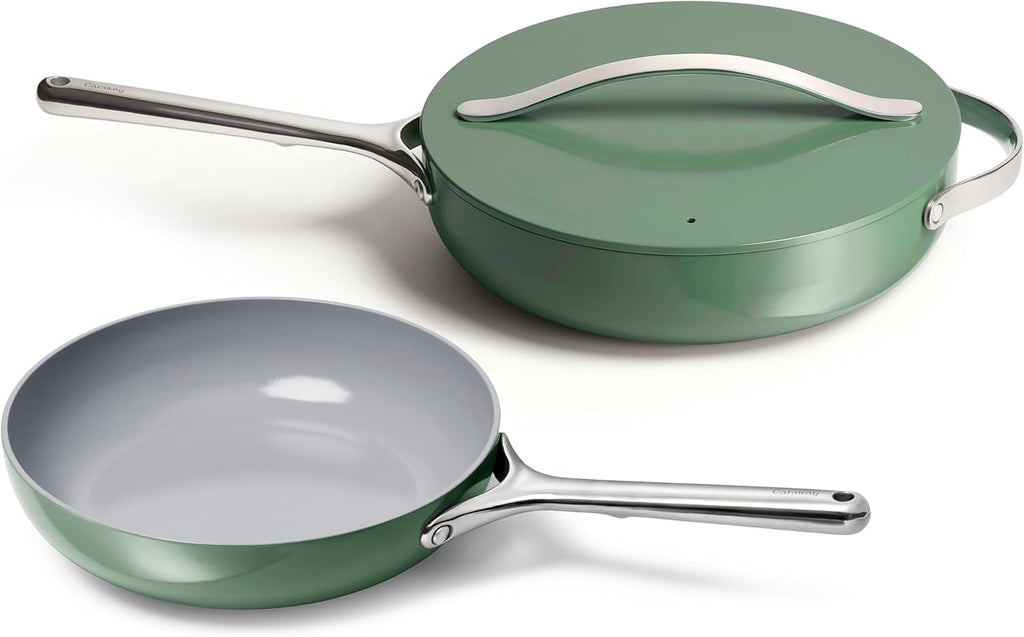 Caraway Fry Pan and Sauté Pan Duo - 10.5' Ceramic Frying Pan and 11.8' Deep Sauté Pan with Lid - Non Stick, Non Toxic, Oven Safe - Sage