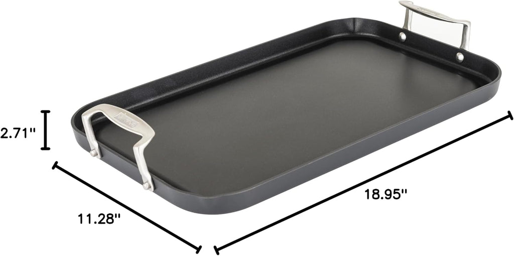 Viking Nonstick Double Burner Griddle, 19 x 11 Inch Hard Anodized Kitchen Grill Pan with Handles, Oven Safe, Works on Gas, Ceramic, and Electric Stove Top