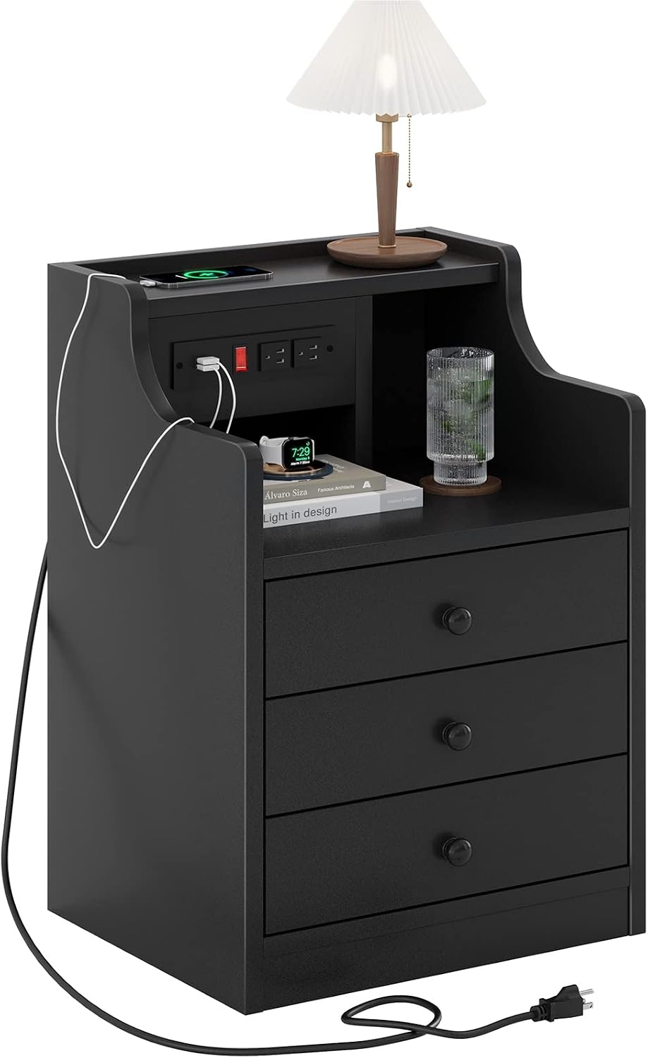ADORNEVE Night Stand Set 2,Black Nightstand with Charging Station & Hutch,Night Stands for Bedrooms Set of 2,Bedside Table with Drawers