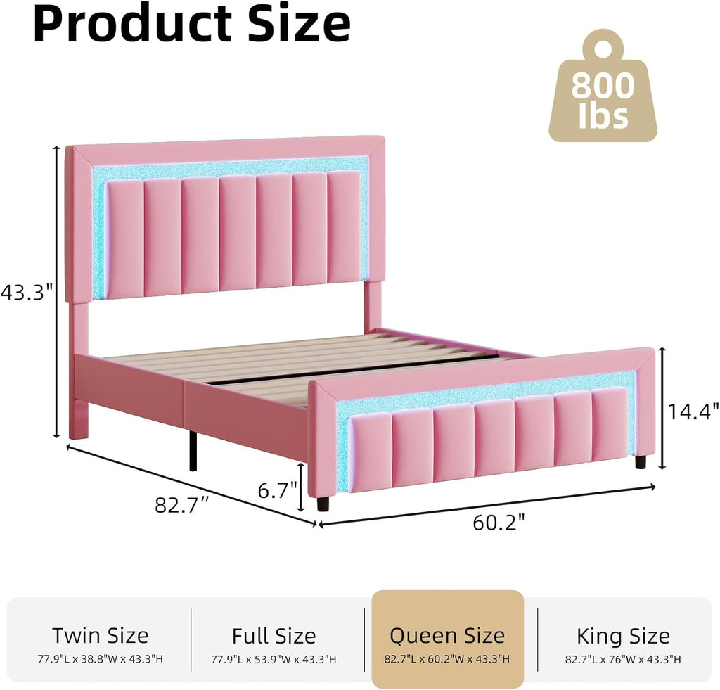 HOMBCK Queen Size Bed Frame with LED Lights and Velvet Adjustable Headboard, Queen Size Bed Frames with Diamond Headboard & Footboard, Wooden Slats Support, Noise Free, No Box Spring Needed, Pink