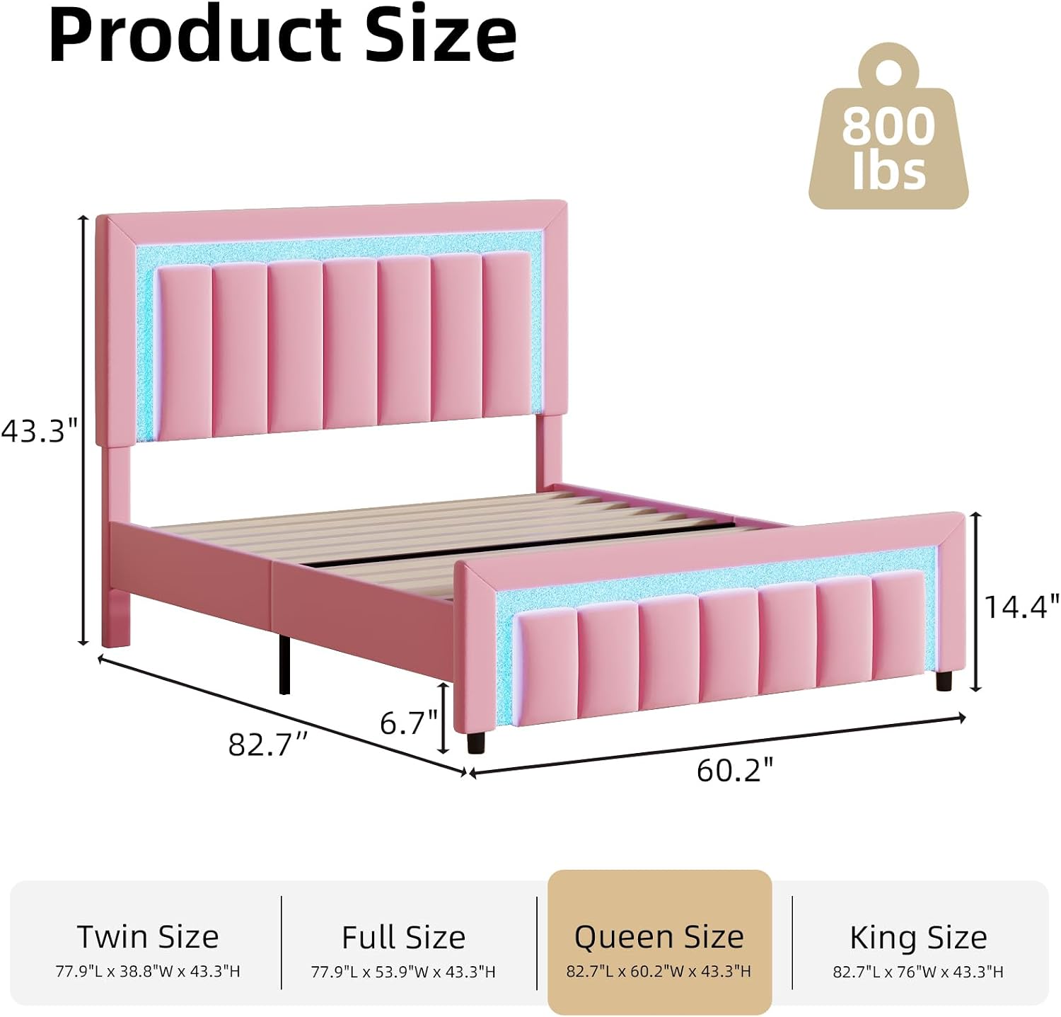 HOMBCK Queen Size Bed Frame with LED Lights and Velvet Adjustable Headboard, Queen Size Bed Frames with Diamond Headboard & Footboard, Wooden Slats Support, Noise Free, No Box Spring Needed, Pink