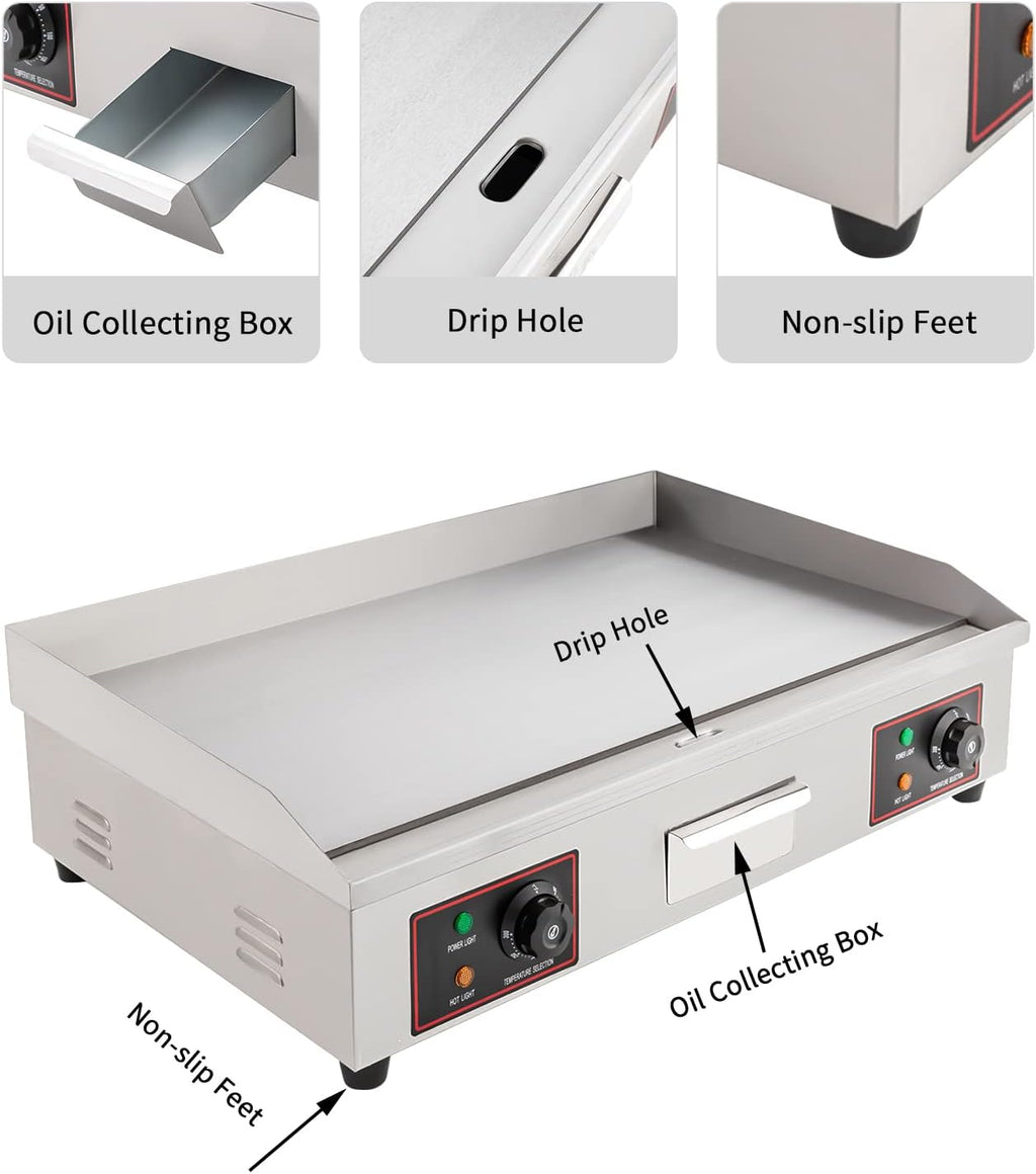 Commercial Electric Griddle, 30' 3000W Electric Countertop Flat Top Griddle Grill, Non-Stick Stainless Steel Teppanyaki Grill, Adjustable Temperature Control 122-572℉ (No Plug)